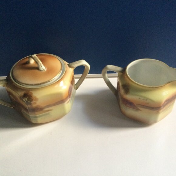 Vintage antique hand painted Nippon lidded sugar bowl and creamer tree - Picture 3 of 6